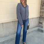 Crisp Morning light blue and brown striped button-front sweater