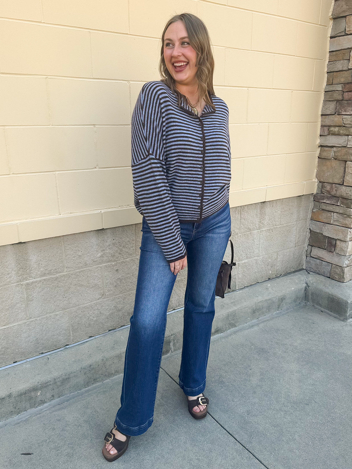 Crisp Morning light blue and brown striped button-front sweater