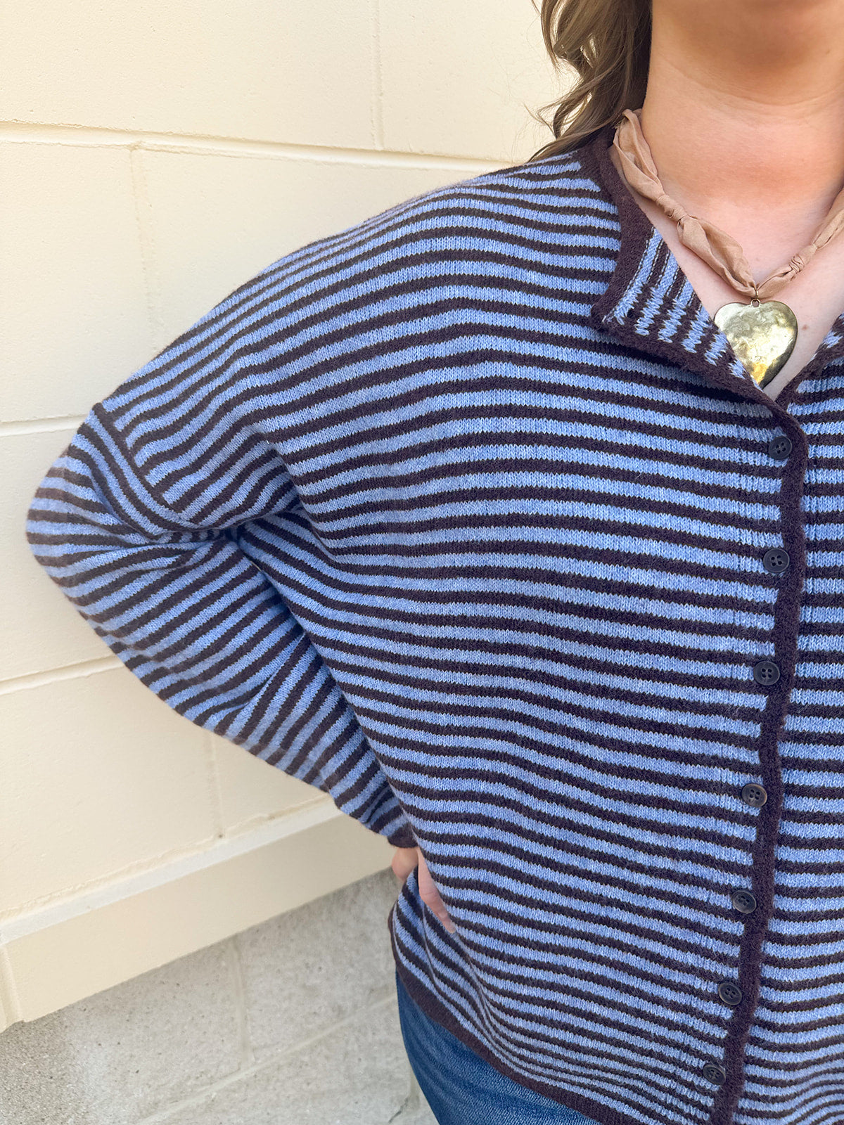 Crisp Morning light blue and brown striped button-front sweater