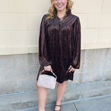 Dark brown velvet dress with V-neckline and allover raised texture