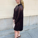 Dark brown velvet dress with V-neckline and allover raised texture