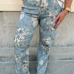 Micah wide leg denim pants with white faded rose print