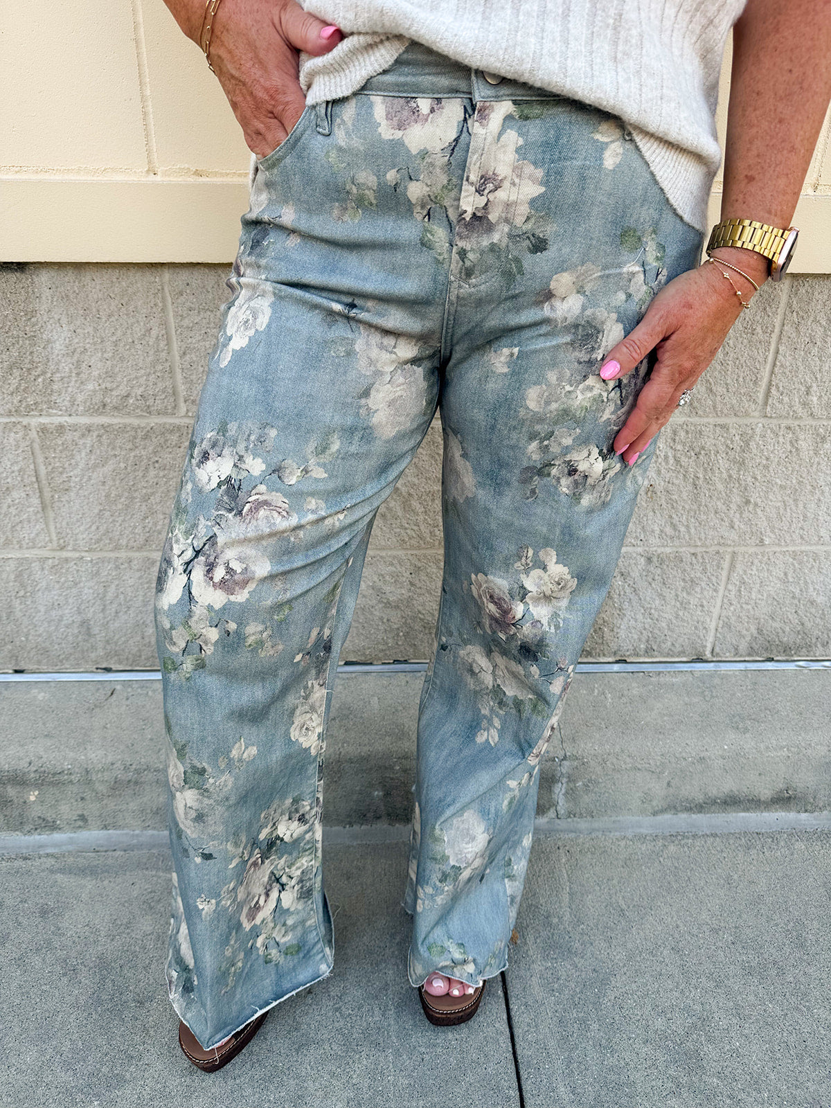 Micah wide leg denim pants with white faded rose print