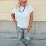Micah wide leg denim pants with white faded rose print