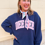 Delta Gamma sorority mock neck sweatshirt with collegiate-inspired details and a cozy feminine silhouette.