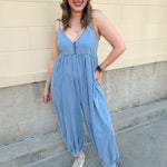 Daydream Denim Jumpsuit in classic denim with thin straps and button detail