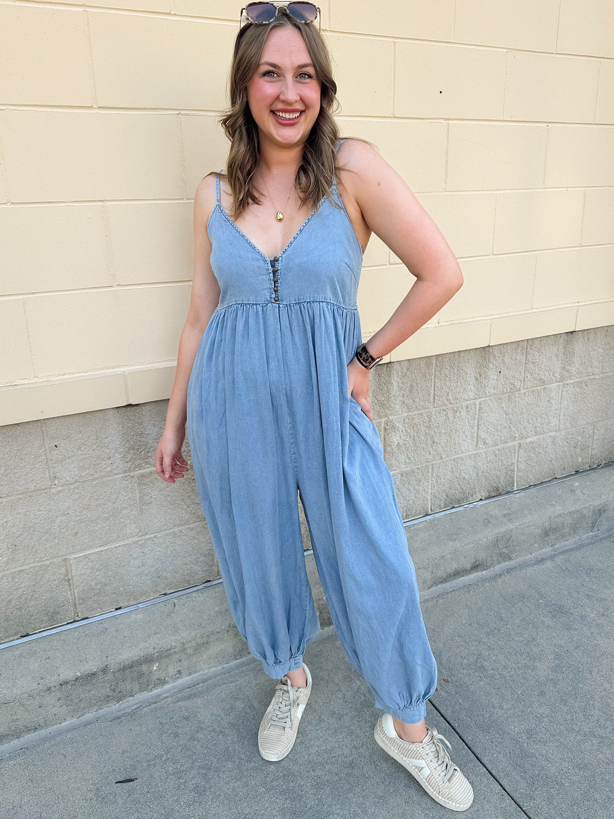 Daydream Denim Jumpsuit in classic denim with thin straps and button detail