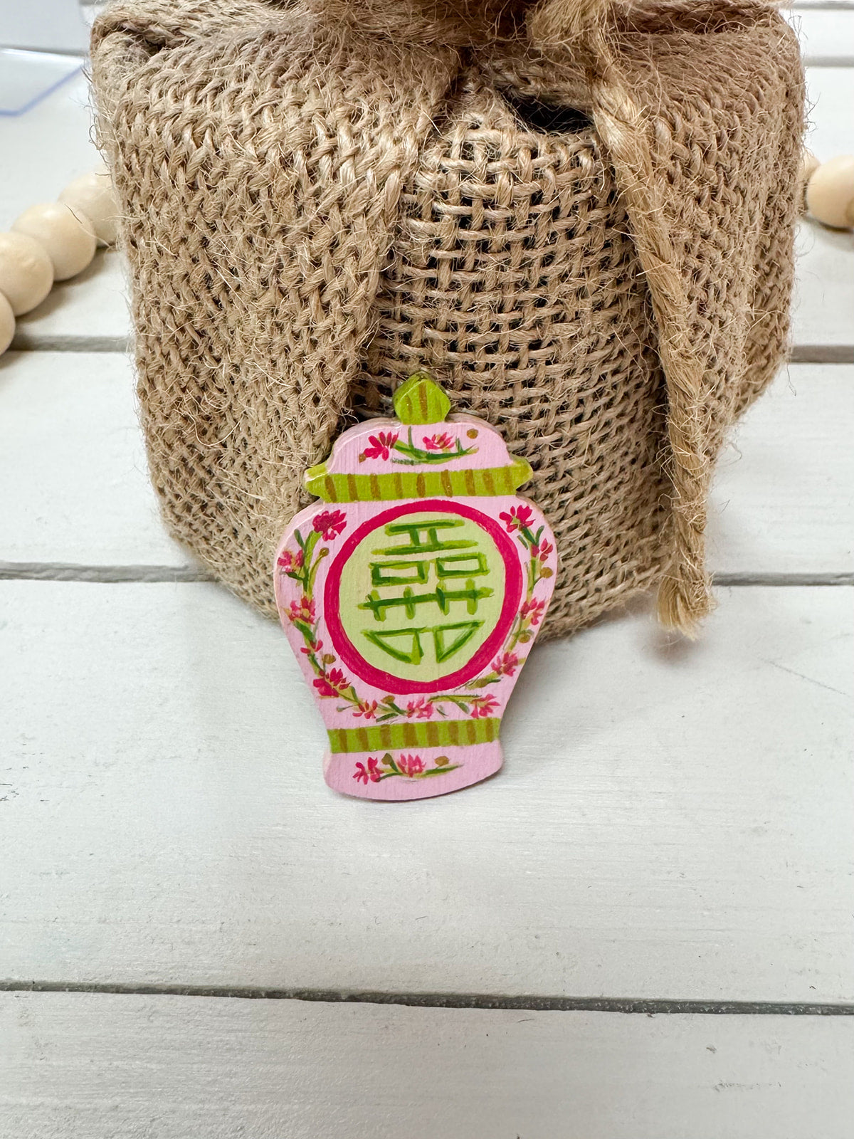 Hand painted pink floral Double Happiness needle minder