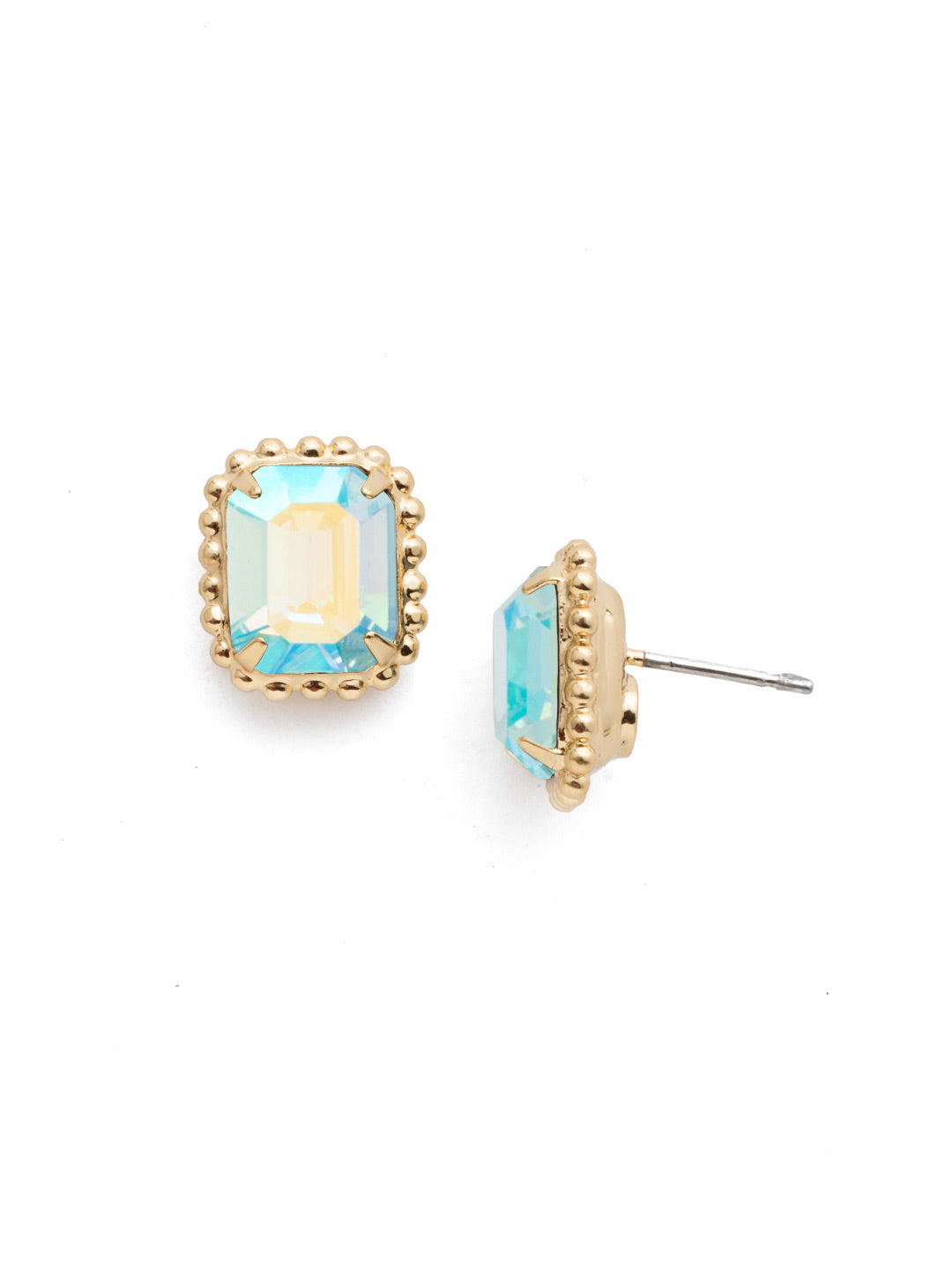 Bright gold-tone stud earrings with emerald-cut Aqua Aurora Borealis crystals framed by a scalloped edge from Sorrelli’s Octavia design.