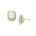 Bright gold-tone stud earrings with emerald-cut Aqua Aurora Borealis crystals framed by a scalloped edge from Sorrelli’s Octavia design.