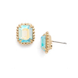 Bright gold-tone stud earrings with emerald-cut Aqua Aurora Borealis crystals framed by a scalloped edge from Sorrelli’s Octavia design.