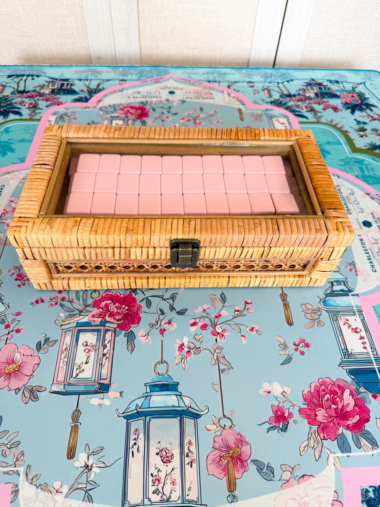 Regent Rattan Mahjong tile storage box with woven rattan construction and glass top