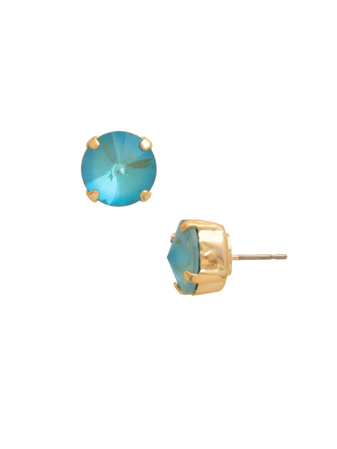 Bright gold-tone stud earrings with round Summer Blue Delite crystals from Sorrelli’s London style.