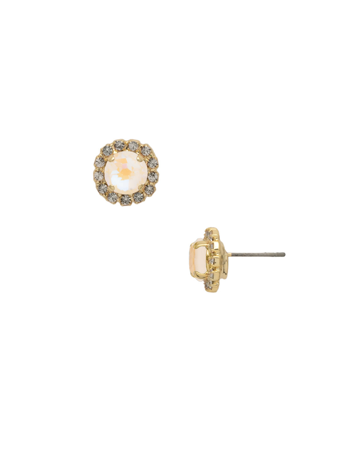 Bright gold-tone halo stud earrings with round Ultra White crystals from Sorrelli’s Haute Halo style.