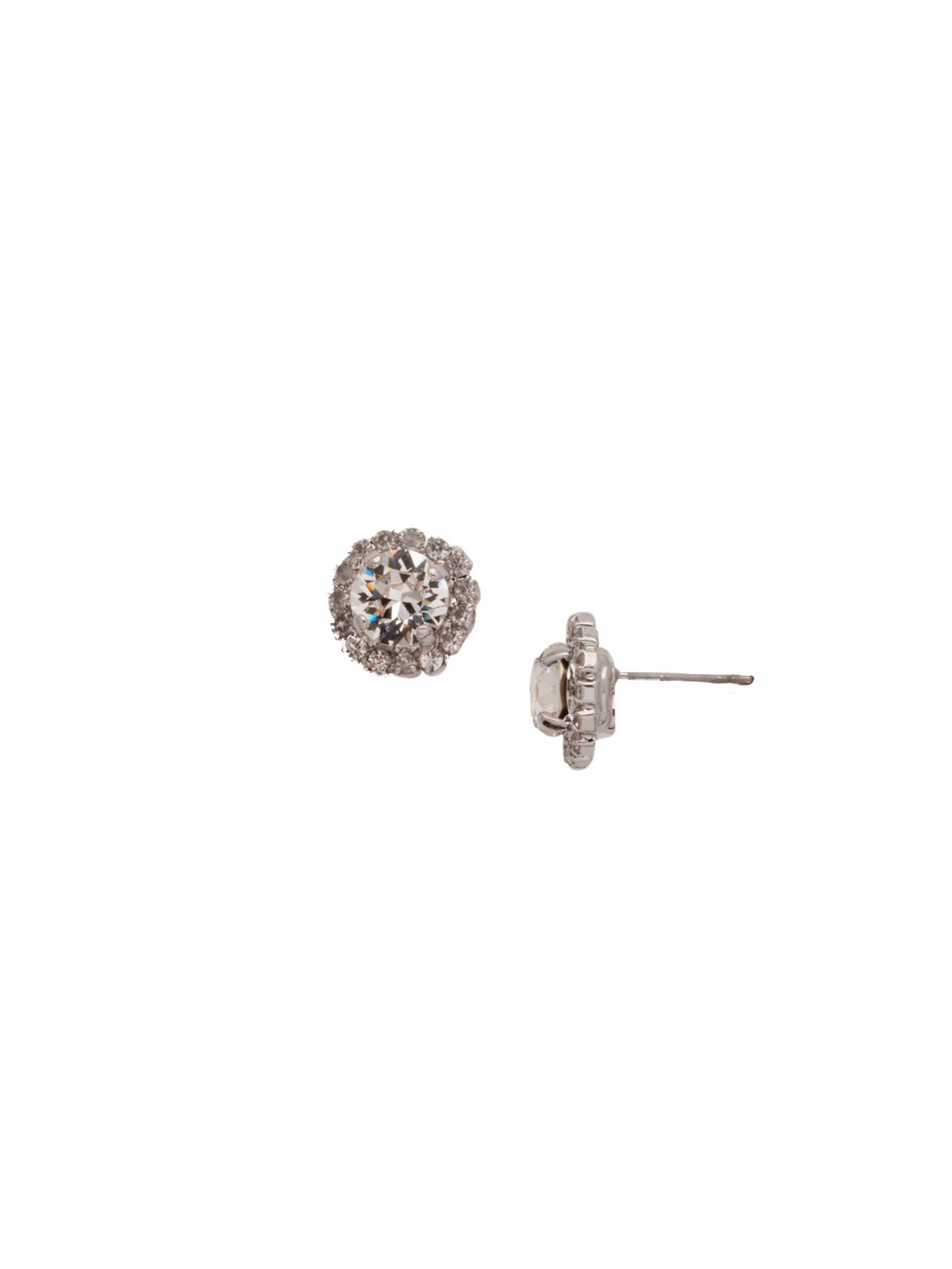 Palladium-tone halo stud earrings with round crystal and secure backing