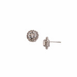 Palladium-tone halo stud earrings with round crystal and secure backing