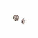 Palladium-tone halo stud earrings with round crystal and secure backing