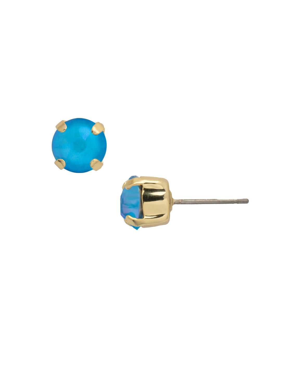 Gold-tone stud earrings with bright Electric Blue Shiny crystal on surgical steel post.