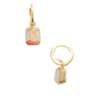 Bright gold-tone huggie hoop earrings with emerald-cut Aurora Borealis crystal drop from Sorrelli’s Crystal Aurora Borealis Collection.