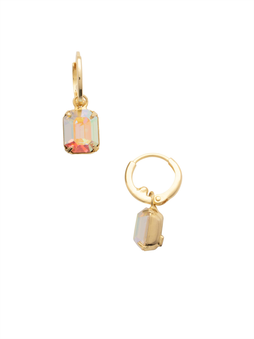 Bright gold-tone huggie hoop earrings with emerald-cut Aurora Borealis crystal drop from Sorrelli’s Crystal Aurora Borealis Collection.