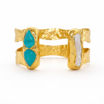 Adjustable double-plated cuff bracelet featuring turquoise stones and freshwater pearl accents