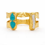 Adjustable double-plated cuff bracelet featuring turquoise stones and freshwater pearl accents