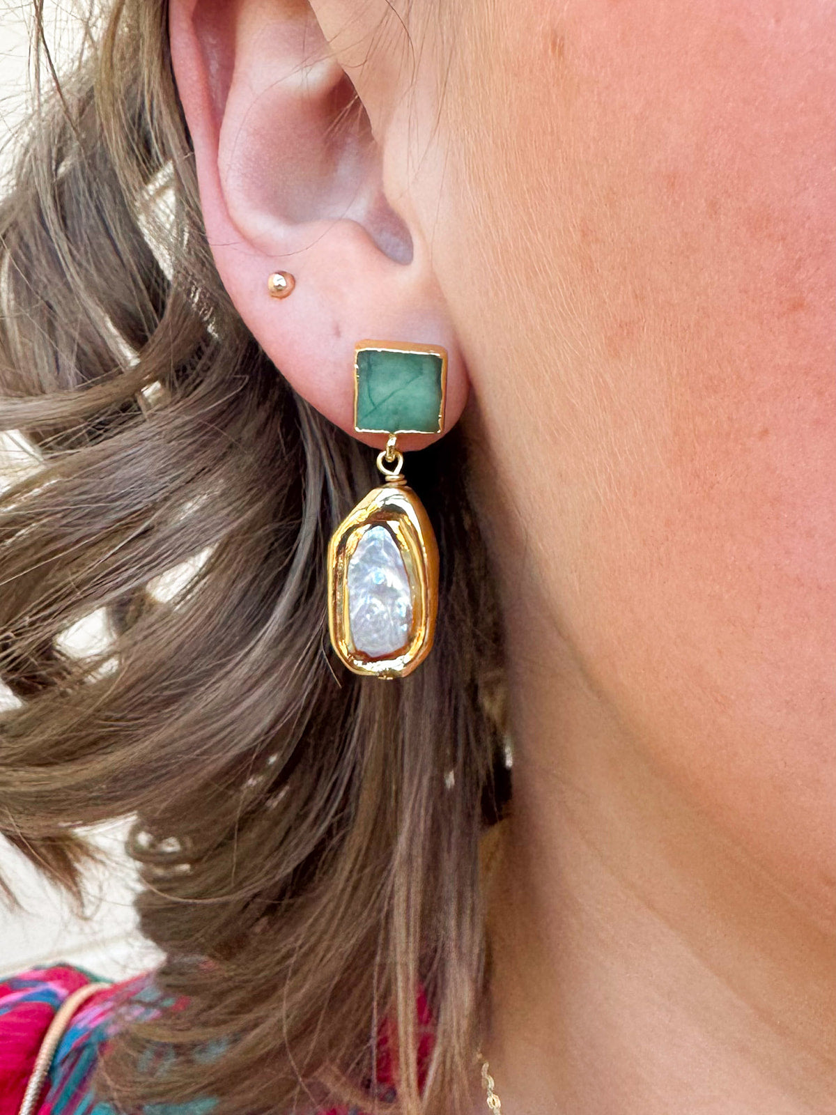 [Easton Elle] Green Rectangle Pearl Earrings 