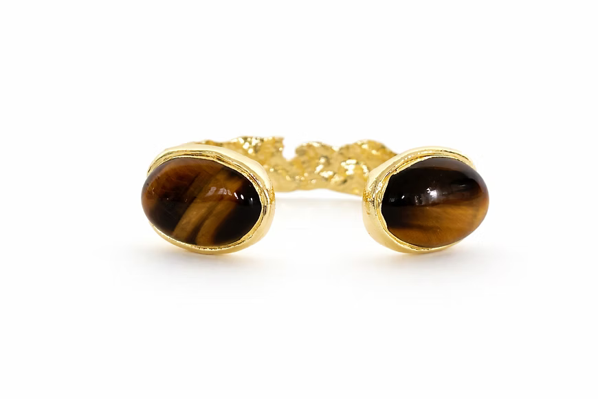 Adjustable 18K gold-plated cuff bracelet featuring natural tiger’s eye semi-precious stones