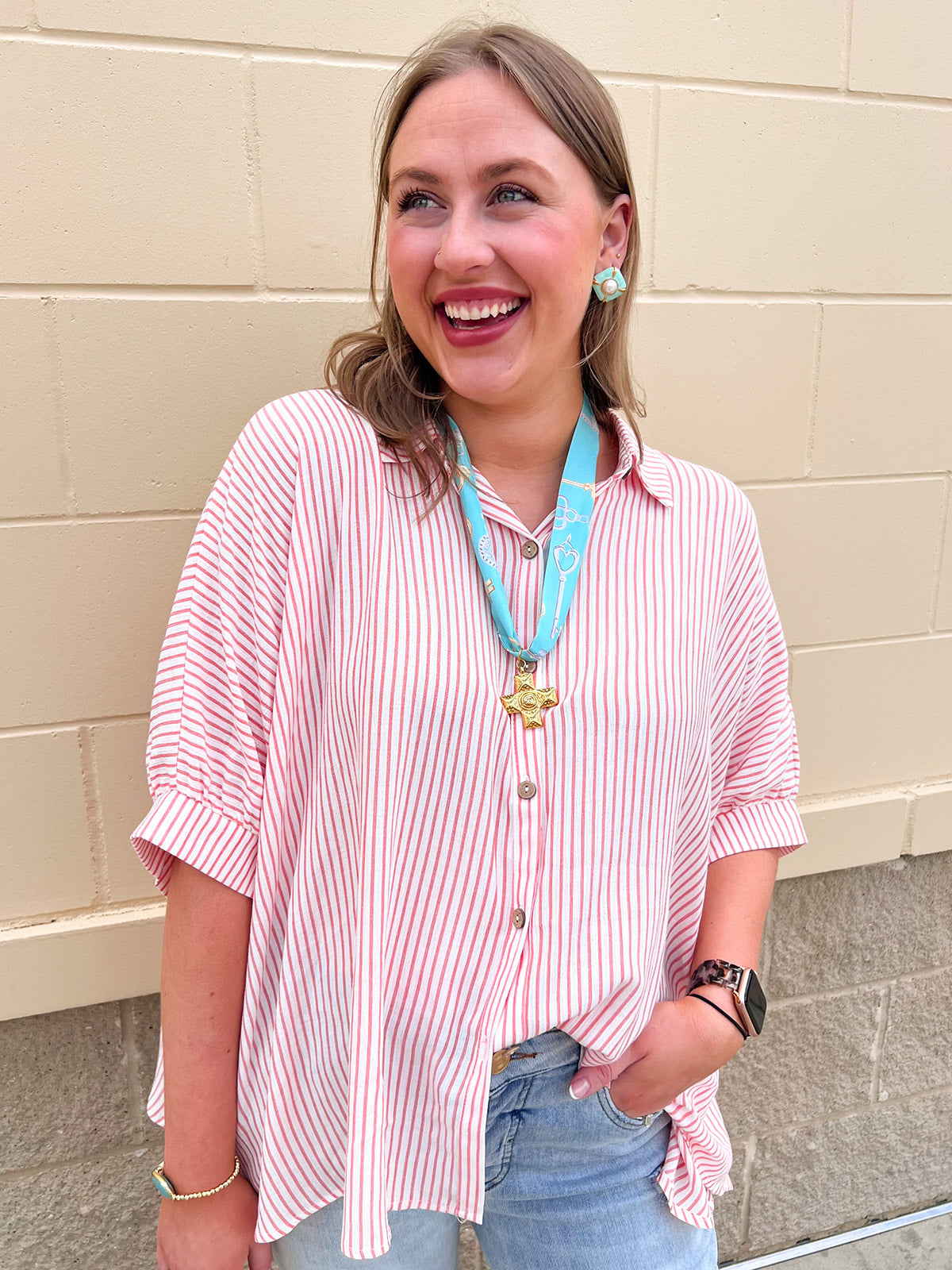 Coral striped oversized button down top