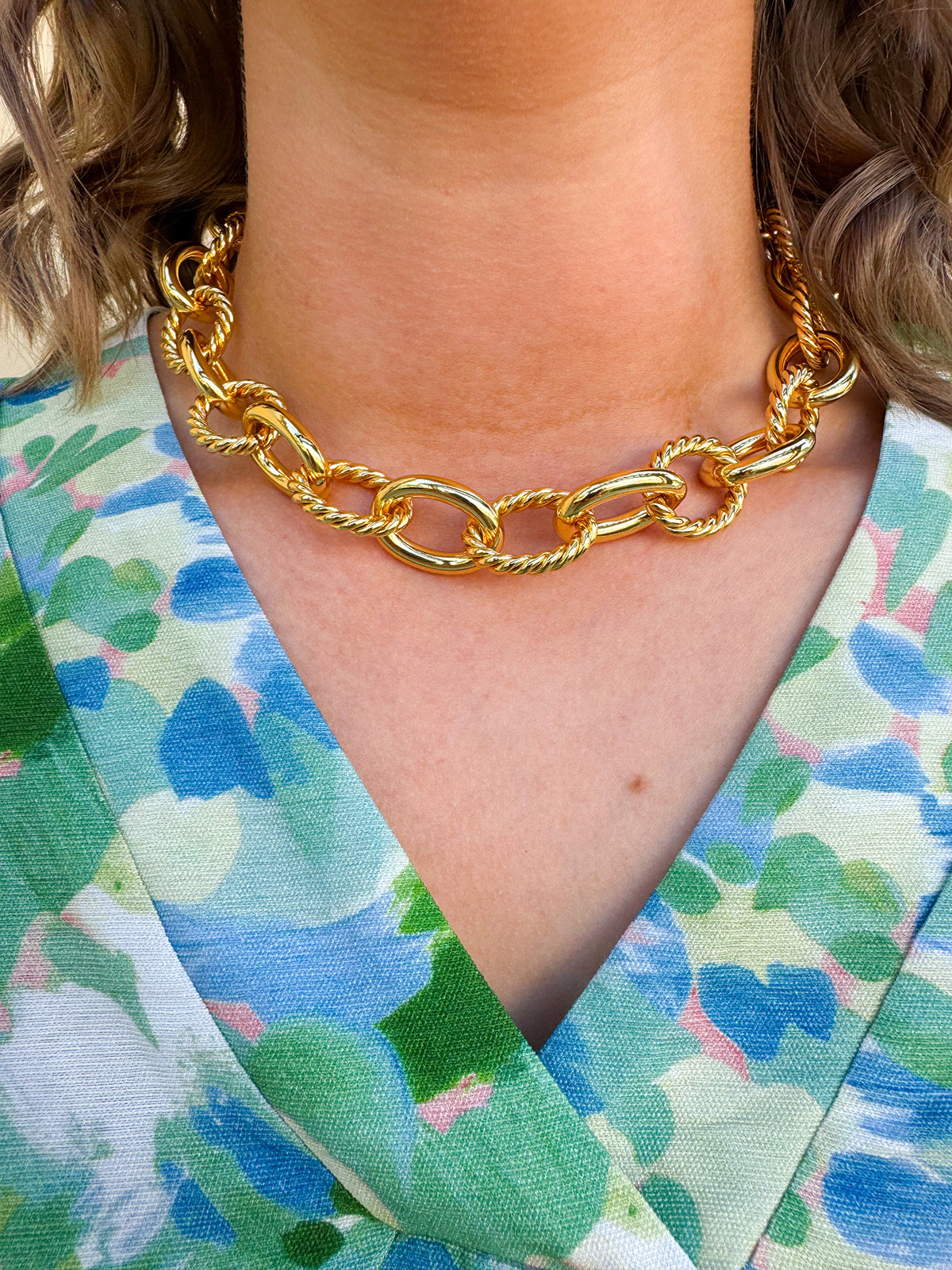 Gold twisted double chunky choker necklace with adjustable extender and lobster clasp—bold, statement jewelry with a luxe finish