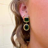 Dangle earrings with emerald green rectangular stud and matching circular gem drop, set in gold for a classic and elegant finish.