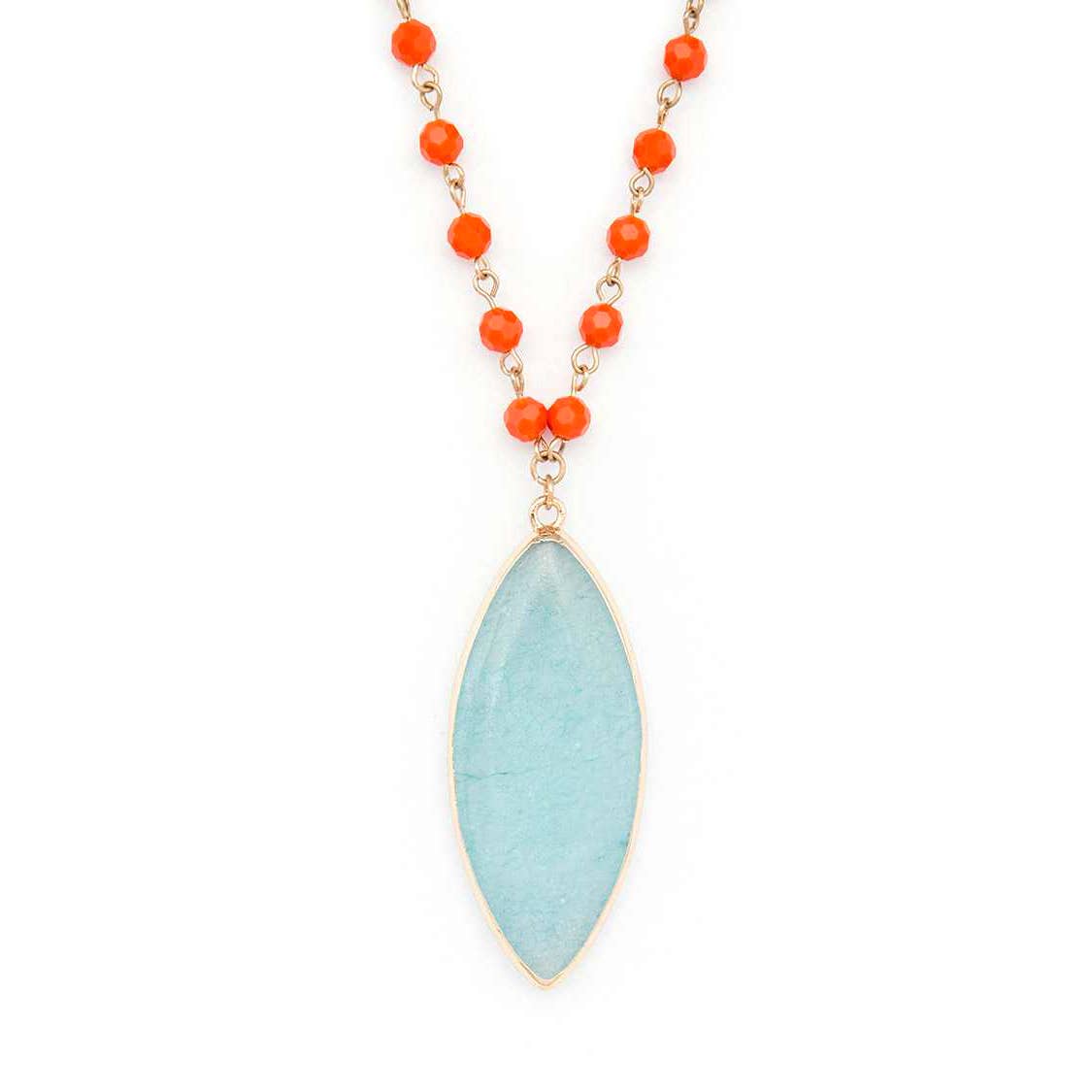 Emmie Beaded Stone Pendant Necklace in aqua with orange beads