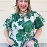  [Entro] Forest Floral Blouse featuring a cream background and dark green floral pattern.