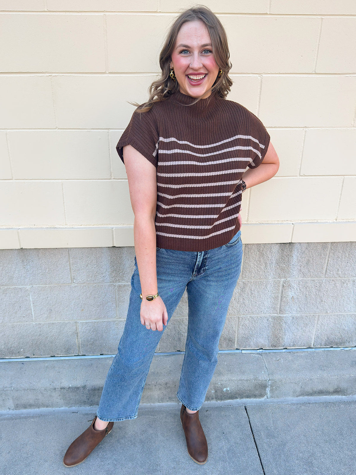 Espresso brown short-sleeve knit top with white horizontal stripes