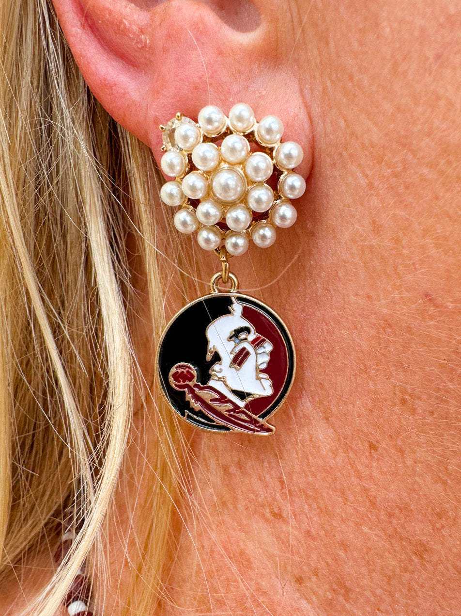 FSU drop earrings with pearl cluster and garnet and gold enamel logo charm