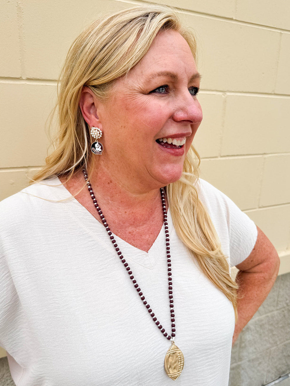 FSU drop earrings with pearl cluster and garnet and gold enamel logo charm