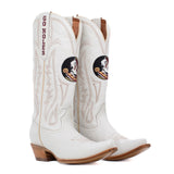 Ivory leather western boot with garnet embroidery and FSU team logos.