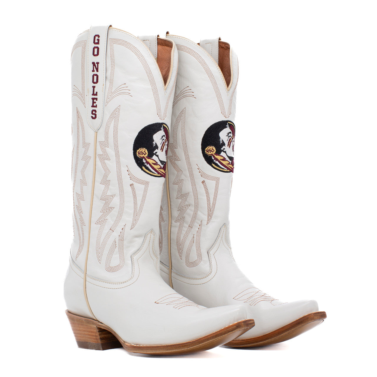 Ivory leather western boot with garnet embroidery and FSU team logos.