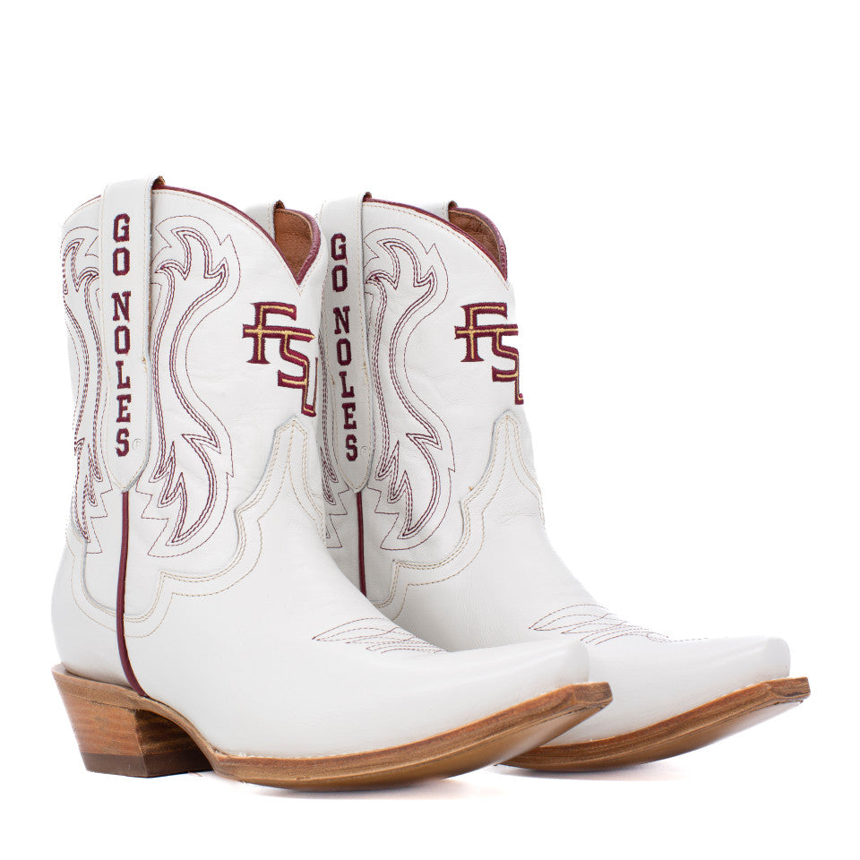 Ivory short western boot with embroidered FSU logos and classic embroidery details.