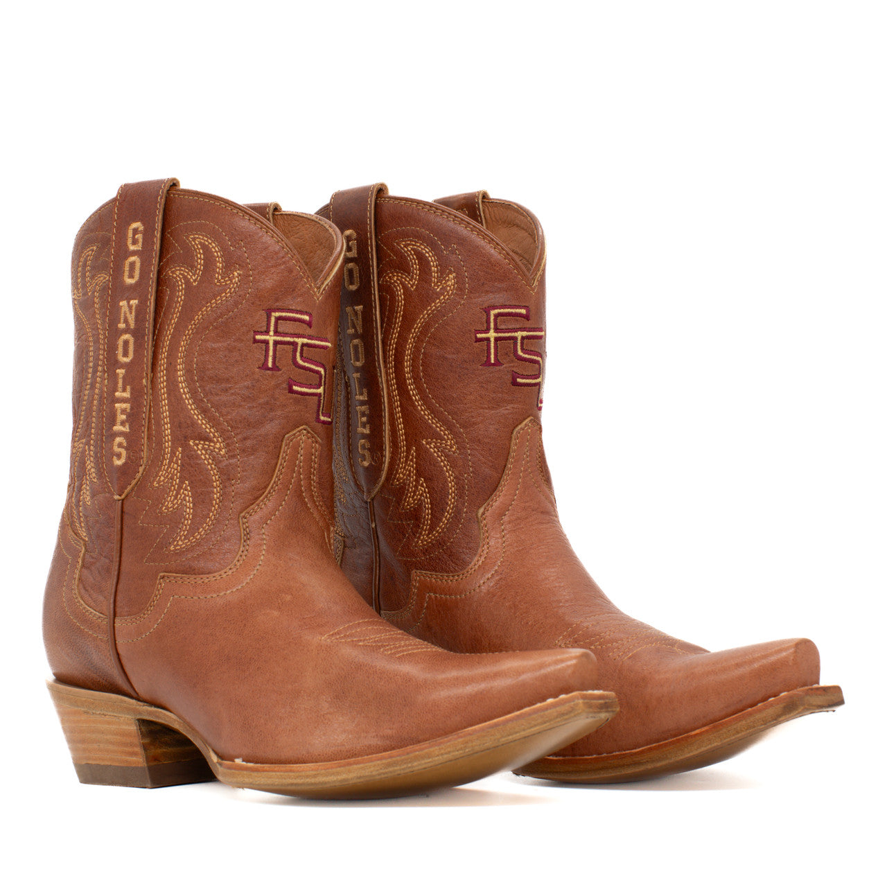 Shory tan western boot with embroidered FSU logos and classic western details.
