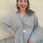 Taupe brown and cream striped long sleeve blouse with collared neckline and cinched waist