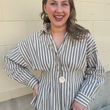 Taupe brown and cream striped long sleeve blouse with collared neckline and cinched waist