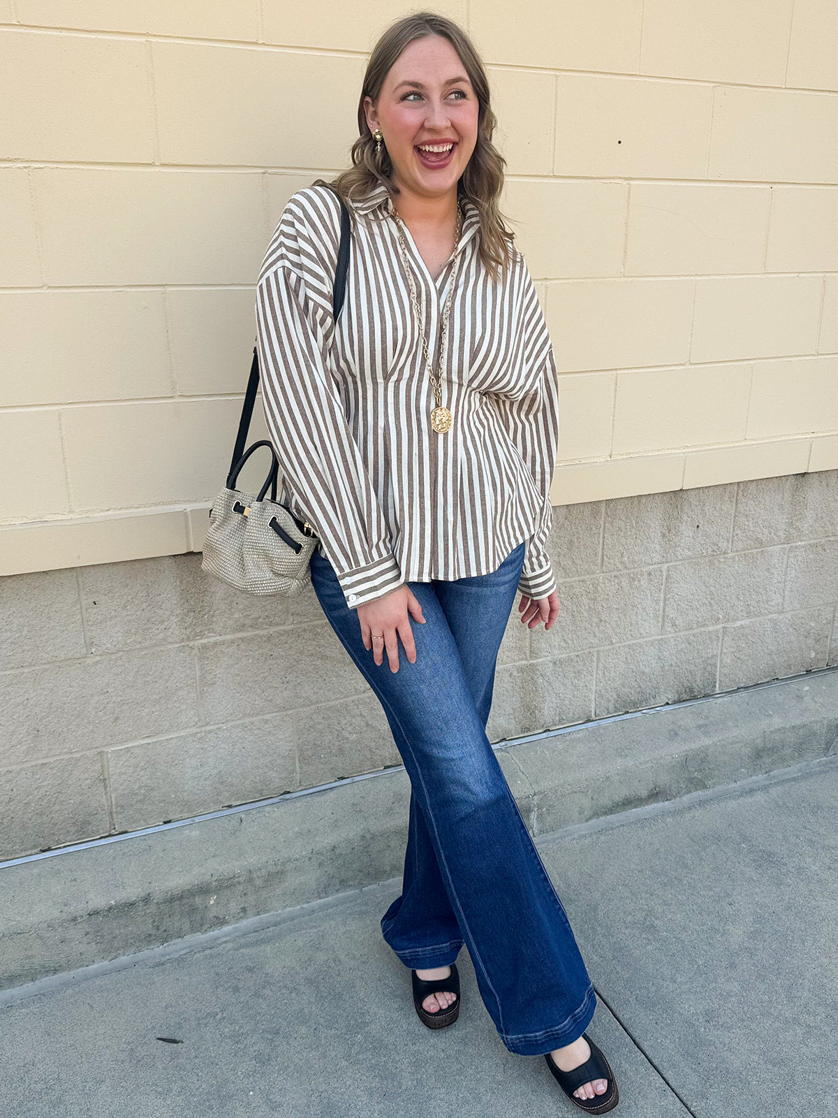 Taupe brown and cream striped long sleeve blouse with collared neckline and cinched waist