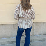 Taupe brown and cream striped long sleeve blouse with collared neckline and cinched waist