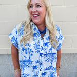 Crystal wearing the Feeling Chic Relaxed Fit Button Down Top – a lightweight, collared v-neck blouse with a button-down front and relaxed fit – styled for a casual summer outing.