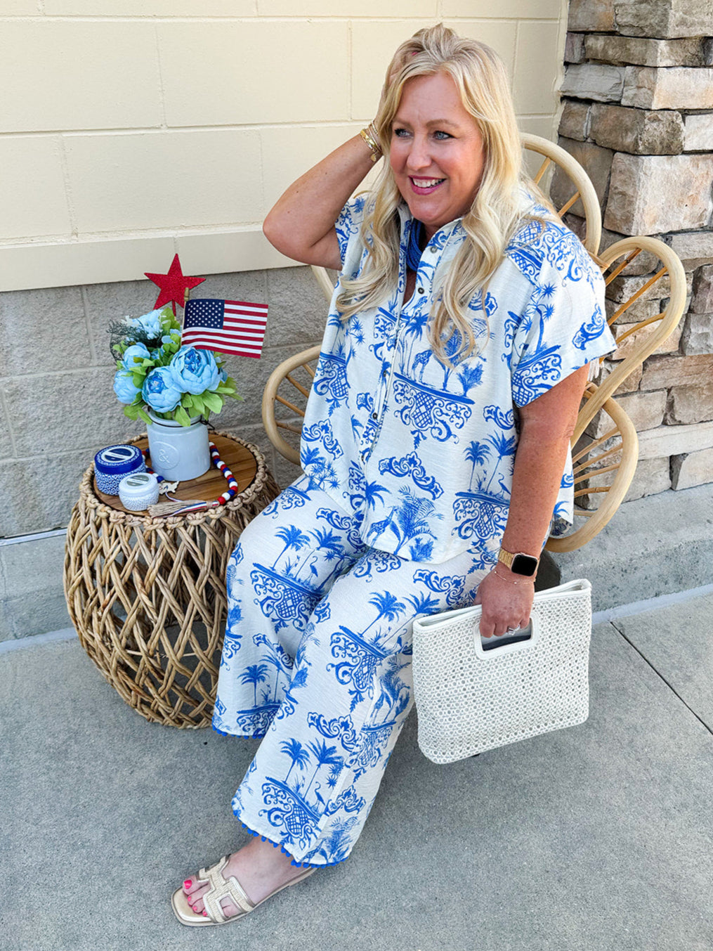 Crystal wearing the Feeling Chic Relaxed Fit Button Down Top – a lightweight, collared v-neck blouse with a button-down front and relaxed fit – styled for a casual summer outing.