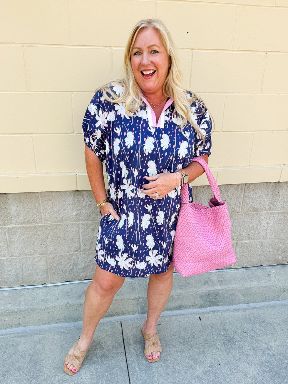 Floral Haven Split Neck Mini Dress