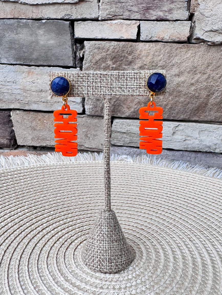 Florida Gators orange acrylic "CHOMP" drop earrings with blue faceted studs and gold-tone hardware.