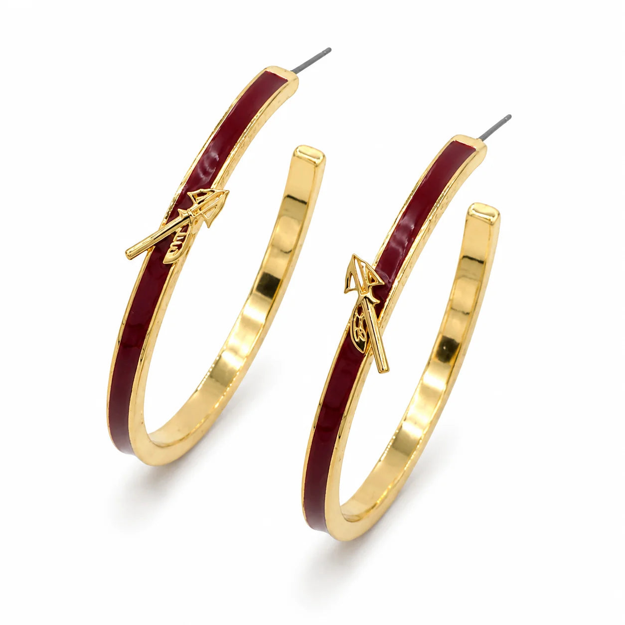 Garnet and gold enamel Florida State hoop earrings with small spear accents.