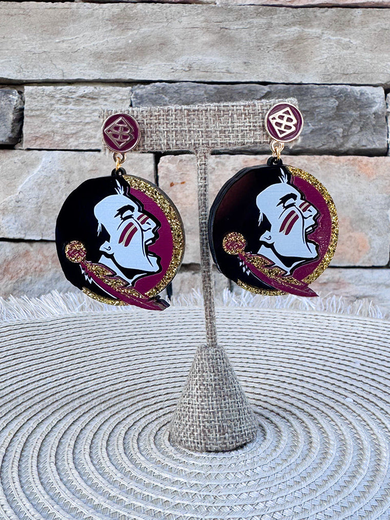 Large round Florida State Seminoles logo drop earrings with officially licensed Seminoles emblem.